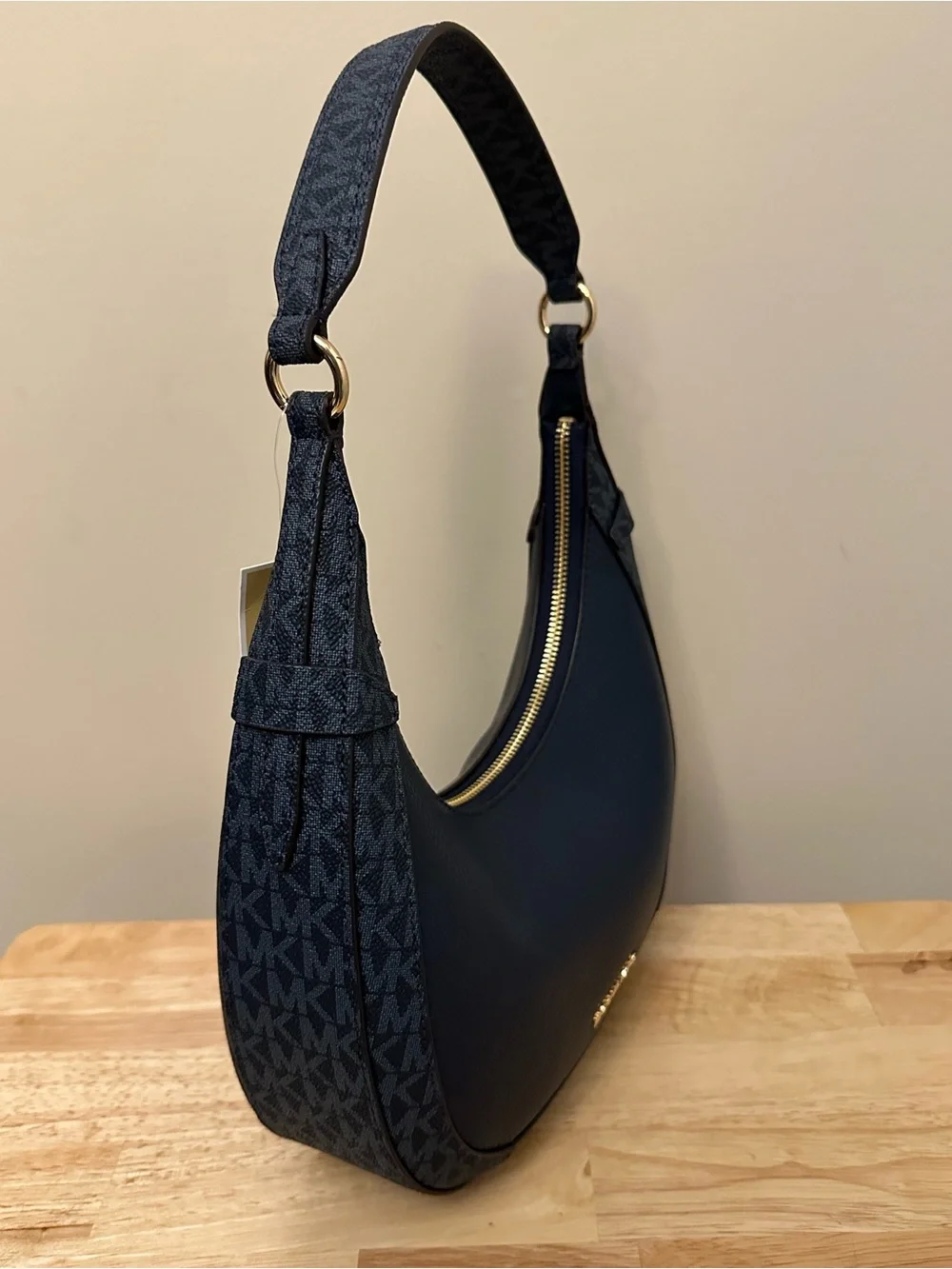 Michael Kors Navy Pebbled Leather Hobo with Gold-Tone Accents